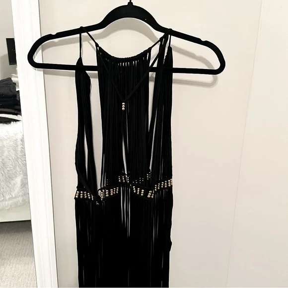 Black Fringe Maxi Cover Up One Size Halter Sheer Beach Dress Gold Waist Detail - Picture 11 of 14